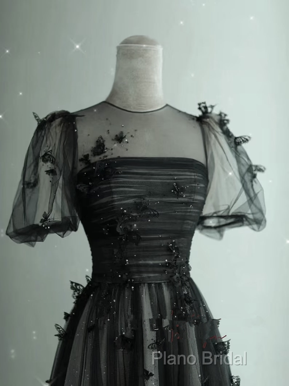 Black Tulle Puffy Short Sleeves A-Line Formal Prom Dresses, Black Formal Dresses Party Dresses