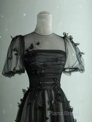 Black Tulle Puffy Short Sleeves A-Line Formal Prom Dresses, Black Formal Dresses Party Dresses