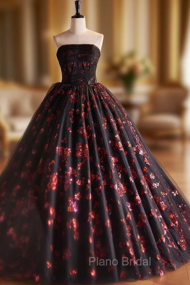 Black Tulle Red Sequins Strapless Vintage Quinceanera Dresses Main image