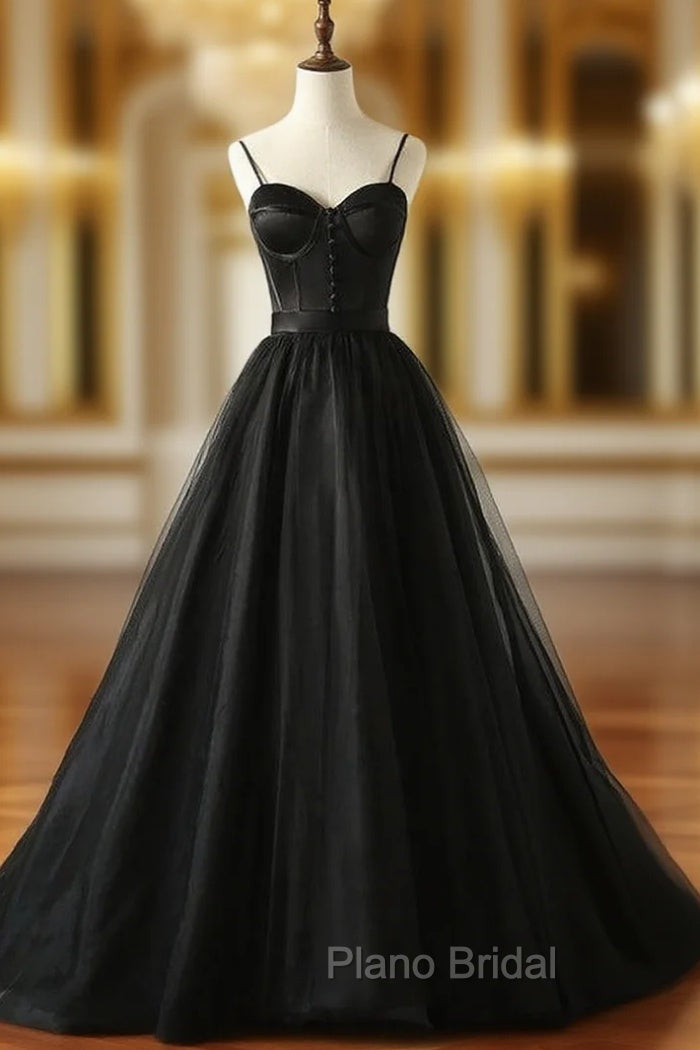 Black Tulle Satin Spaghetti Straps Button Formal Prom Dresses
