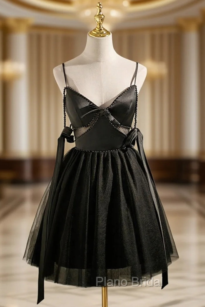 Black Tulle Satin Spaghetti Straps Pearls Homecoming Dresses Main image