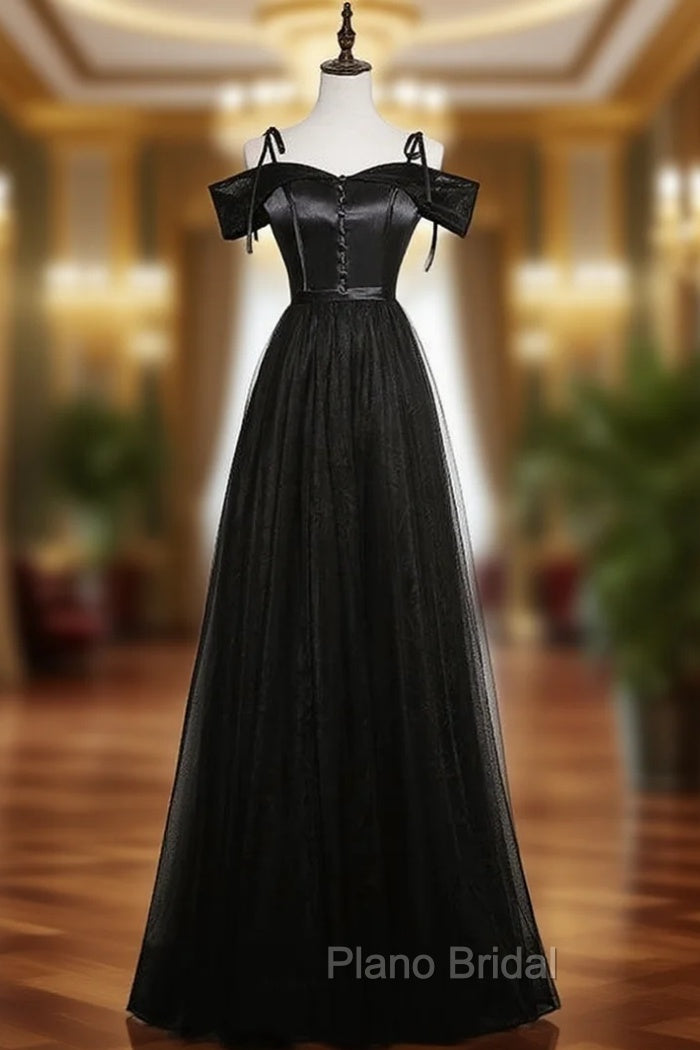 Black Tulle Satin Spaghetti Straps Formal Prom Dresses Main image