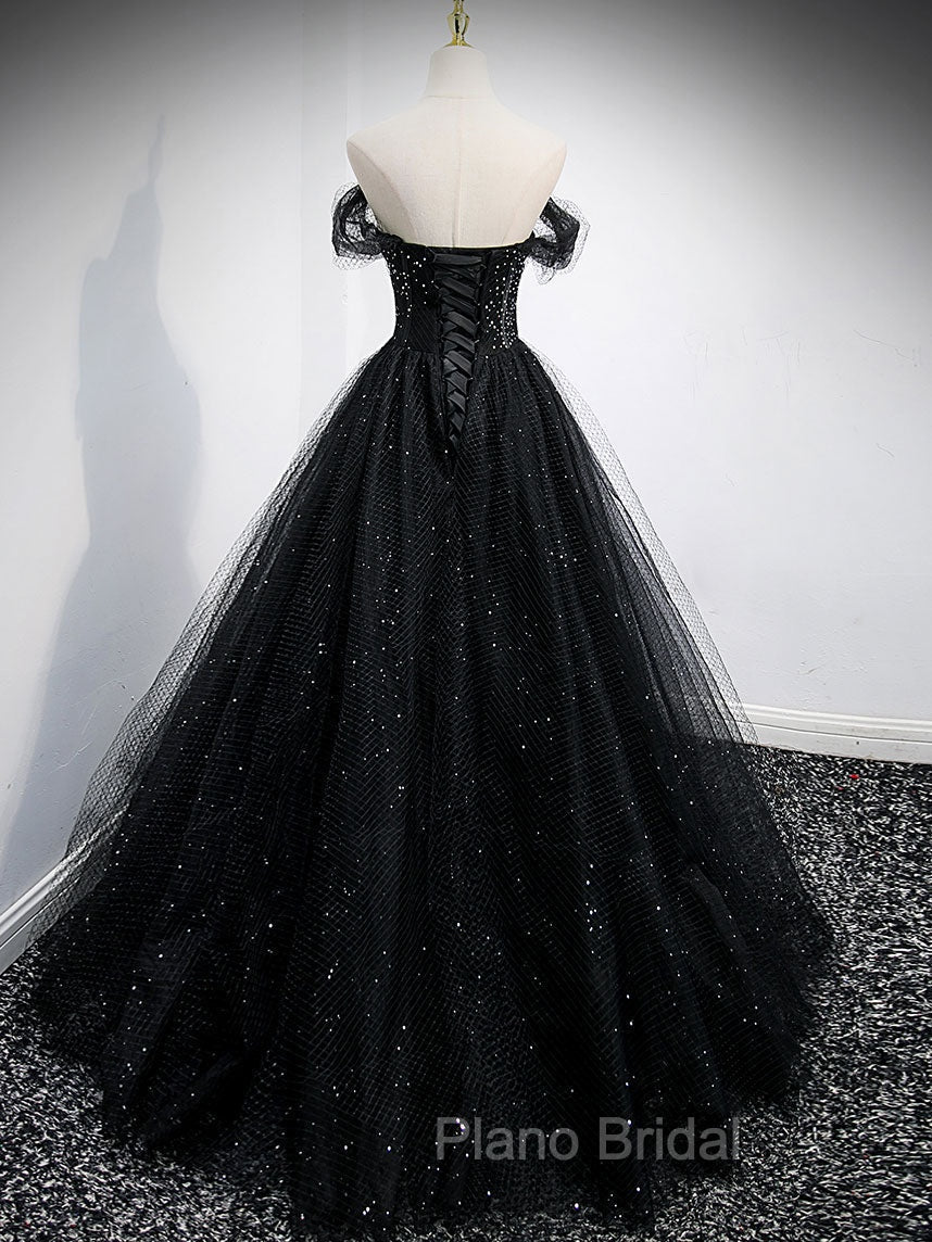 Black Tulle Sequin Long Formal Prom Dresses, Black Tulle Formal Dresses