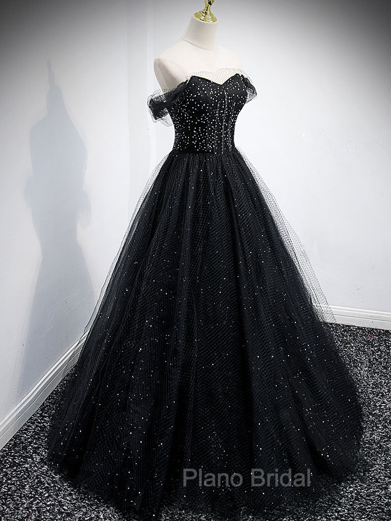 Black Tulle Sequin Long Formal Prom Dresses, Black Tulle Formal Dresses