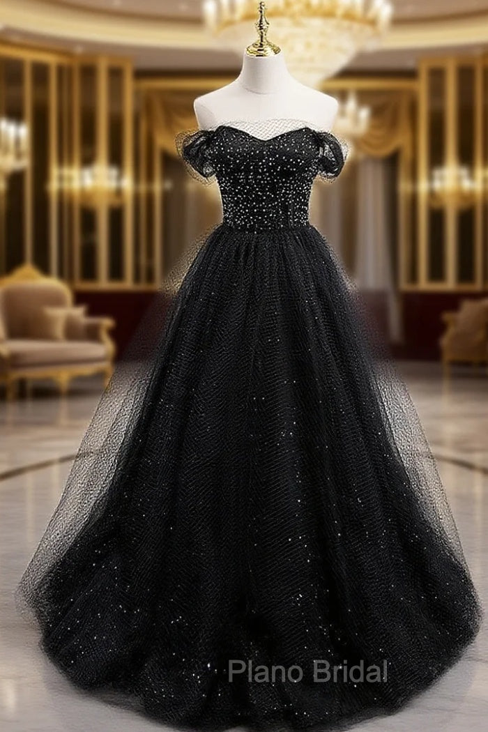 Black Tulle Sequin Long Formal Prom Dresses, Black Tulle Formal Dresses Main image
