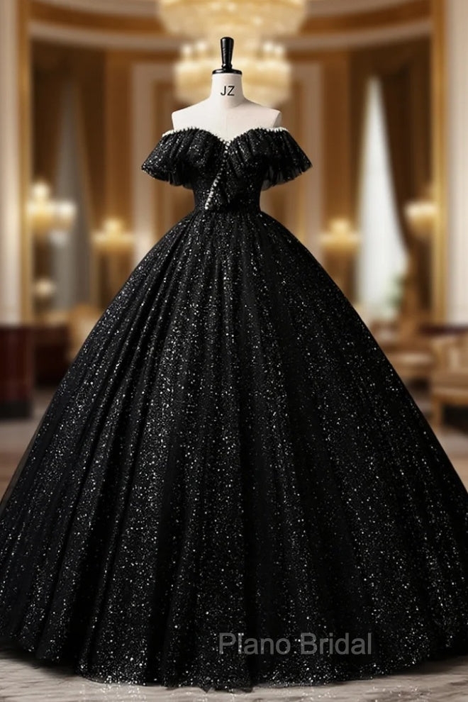 Black Tulle Sequins Beading Off the Shoulder Quinceanera Dresses Main image