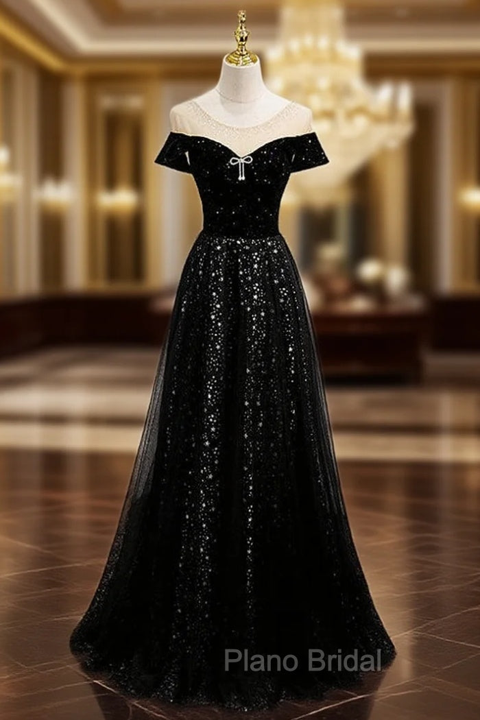 Black Tulle Sequins Cap Sleeve Formal Prom Dresses