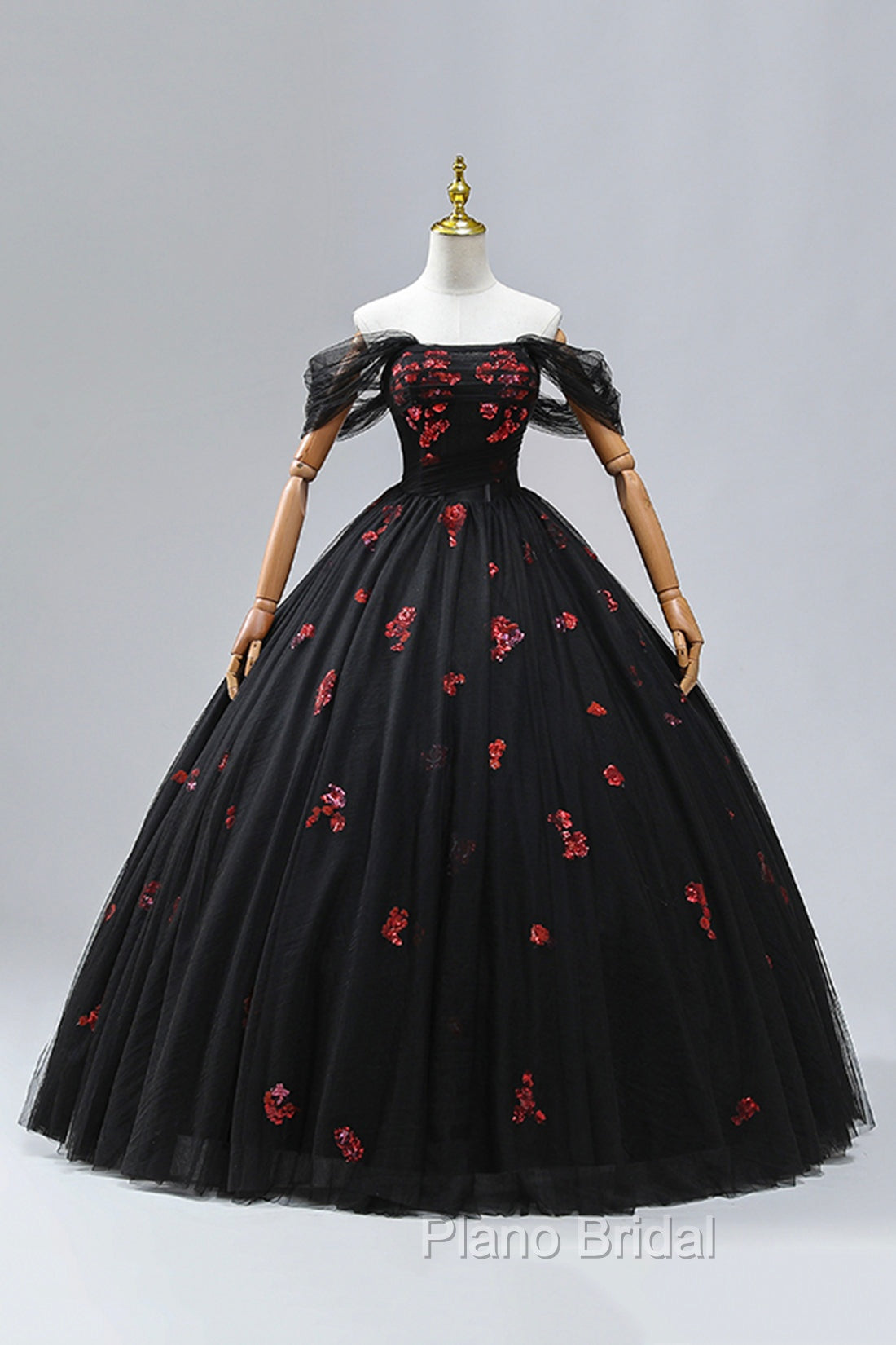 Black Tulle Sequins Long Formal Dresses, A-Line Off the Shoulder Backless Evening Dresses