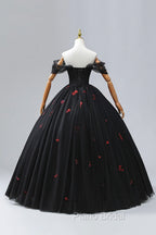 Black Tulle Sequins Long Formal Dresses, A-Line Off the Shoulder Backless Evening Dresses