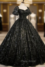Black Tulle Sequins Long Formal Prom Dresses, A-Line Short Sleeve Formal Evening Gown
