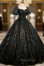 Black Tulle Sequins Long Formal Prom Dresses, A-Line Short Sleeve Formal Evening Gown