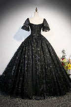 Black Tulle Sequins Long Formal Prom Dresses, A-Line Short Sleeve Formal Evening Gown