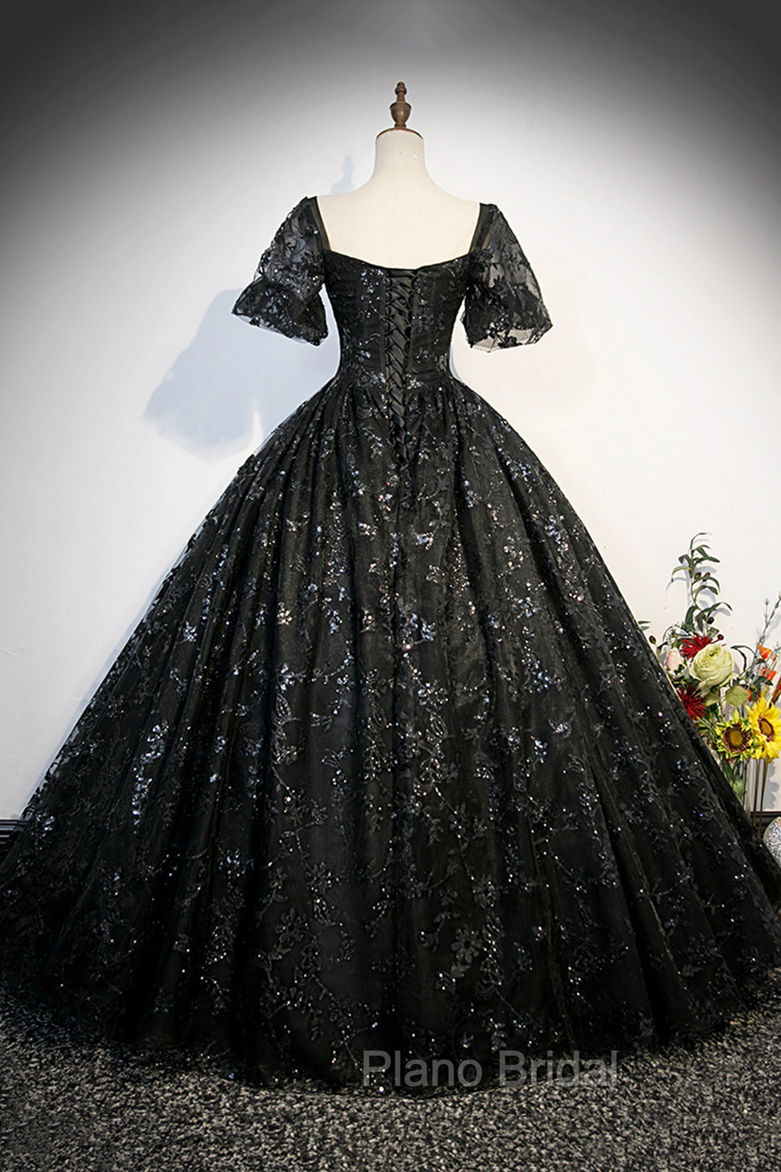 Black Tulle Sequins Long Formal Prom Dresses, A-Line Short Sleeve Formal Evening Gown