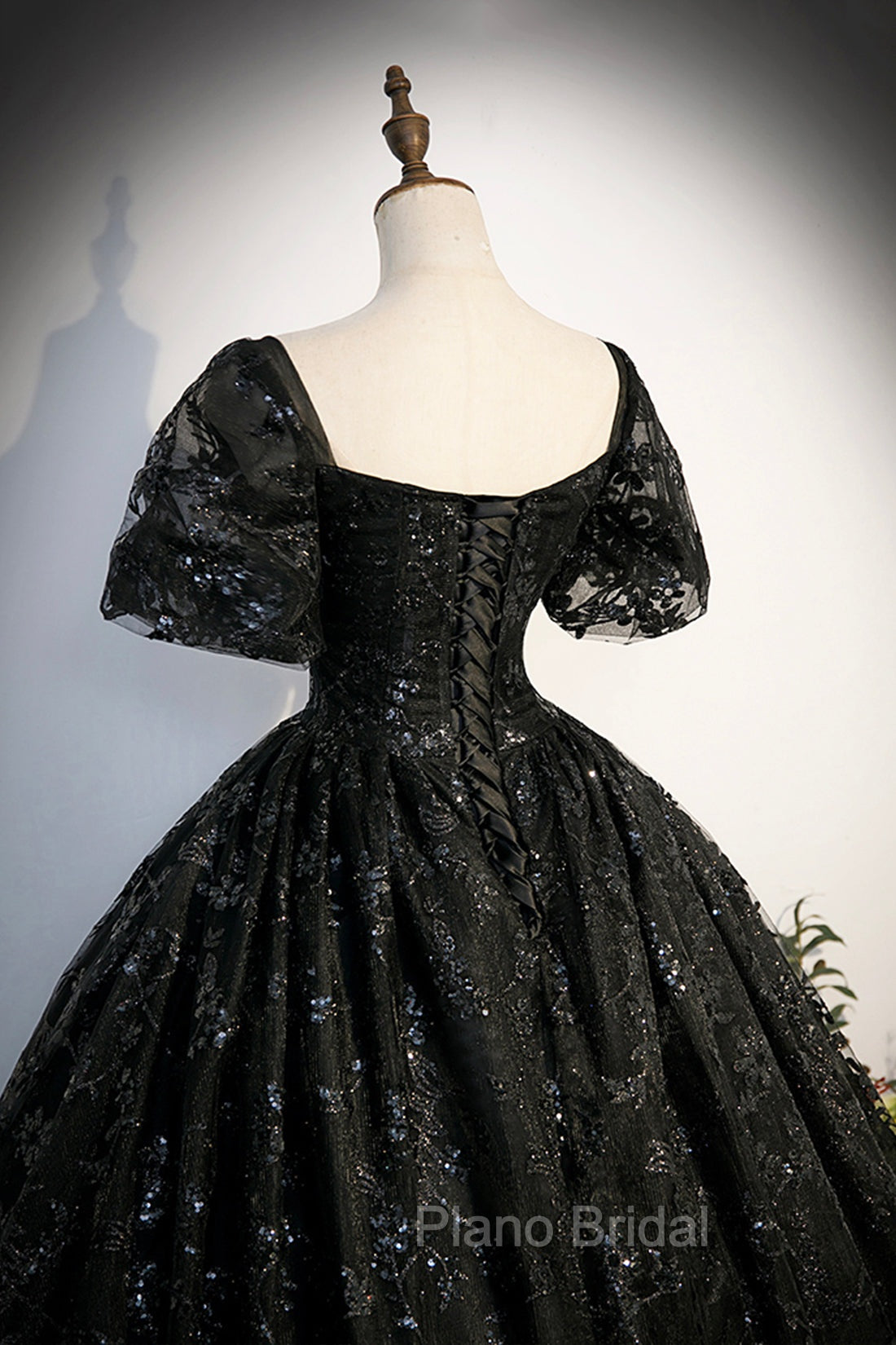 Black Tulle Sequins Long Formal Prom Dresses, A-Line Short Sleeve Formal Evening Gown