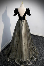 Black Tulle Sequins Long Formal Prom Dresses, Black A-Line Formal Evening Dresses