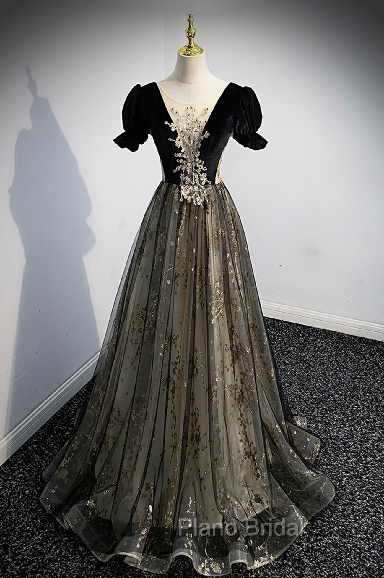 Black Tulle Sequins Long Formal Prom Dresses, Black A-Line Formal Evening Dresses Main image