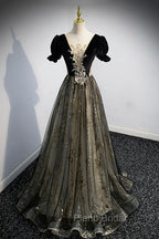 Black Tulle Sequins Long Formal Prom Dresses, Black A-Line Formal Evening Dresses