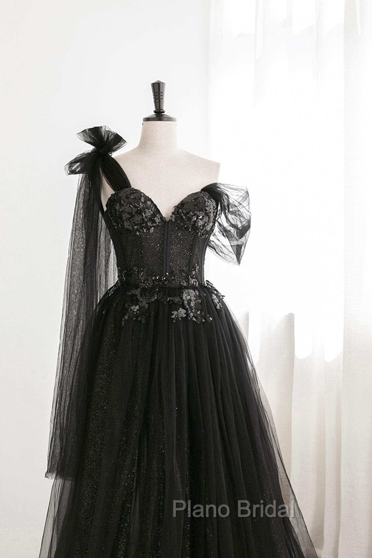 Black Tulle Sequins Long Formal Prom Dresses, Black One Shoulder Evening Dresses Secondary image