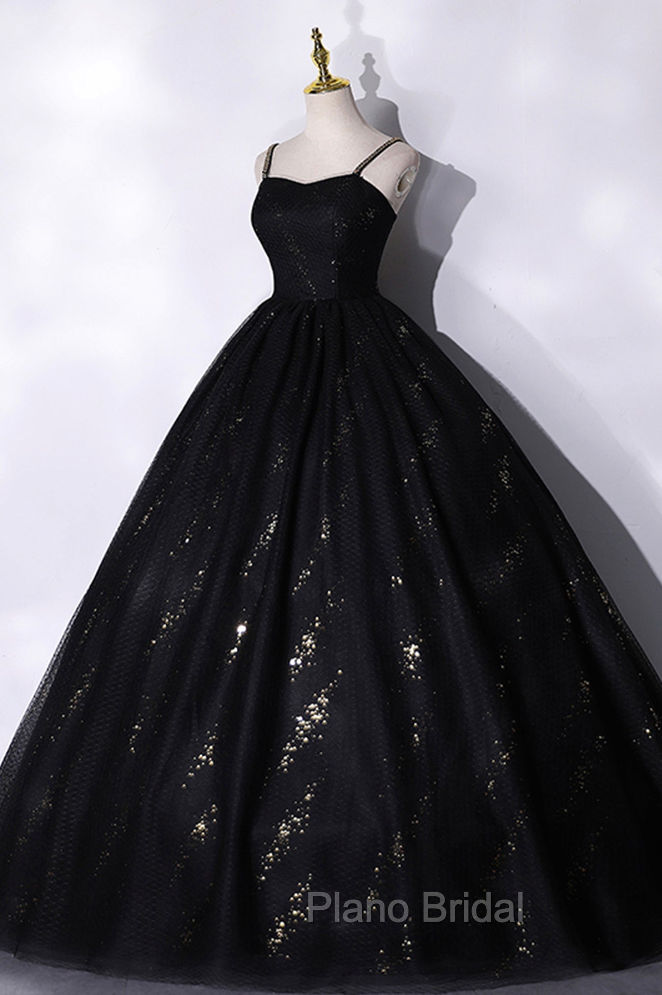 Black Tulle Sequins Long Formal Prom Dresses, Black Spaghetti Straps Evening Dresses