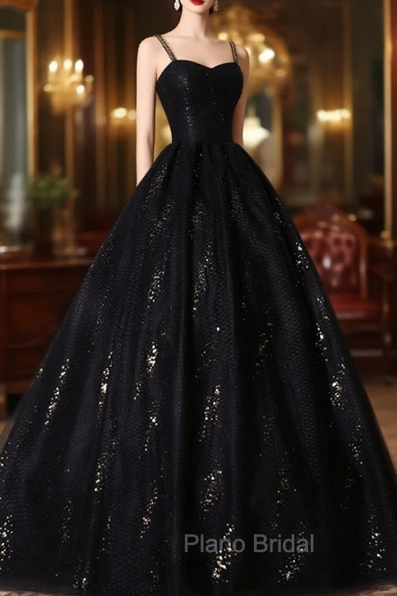 Black Tulle Sequins Long Formal Prom Dresses, Black Spaghetti Straps Evening Dresses