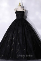 Black Tulle Sequins Long Formal Prom Dresses, Black Spaghetti Straps Evening Dresses