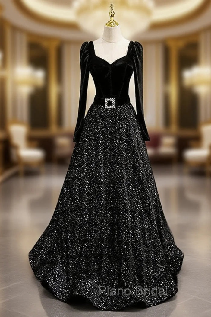 Black Tulle Sequins Long Sleeve Formal Prom Dresses Main image