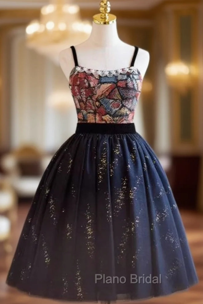Black Tulle Sequins Print Homecoming Dresses