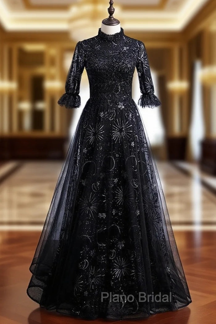 Black Tulle Sequins Short Sleeve Beading Formal Prom Dresses