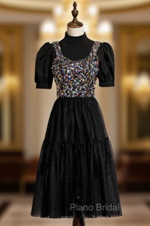Black Tulle Sequins Short Sleeve Short Formal Prom Dresses Main image