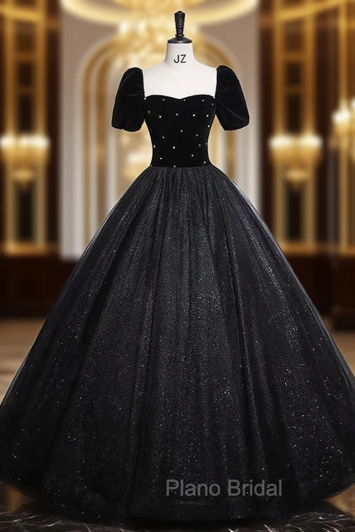 Black Tulle Sequins Short Sleeve Velvet Quinceanera Dresses Main image