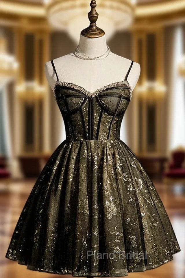 Black Tulle Sequins Spaghetti Straps Homecoming Dresses