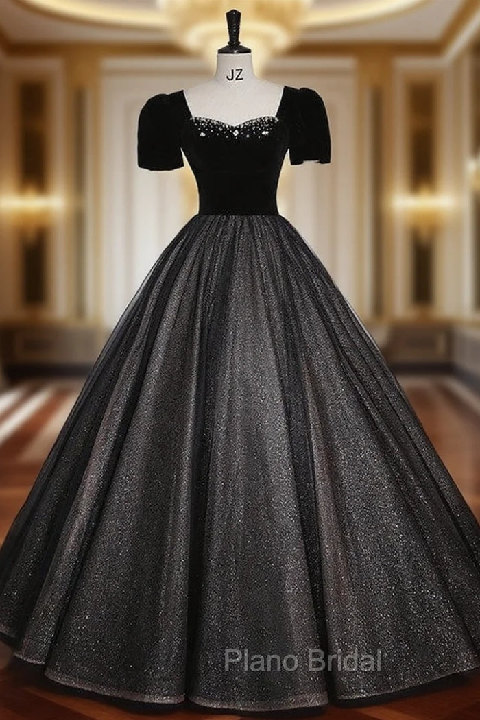 Black Tulle Sequins Square Neck Short Sleeve Beading Quinceanera Dresses Main image