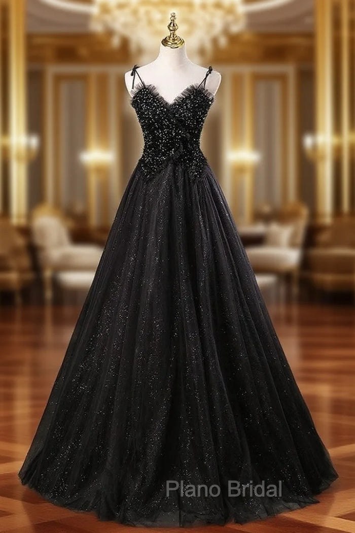 Black Tulle Sequins Straps Beading Formal Prom Dresses
