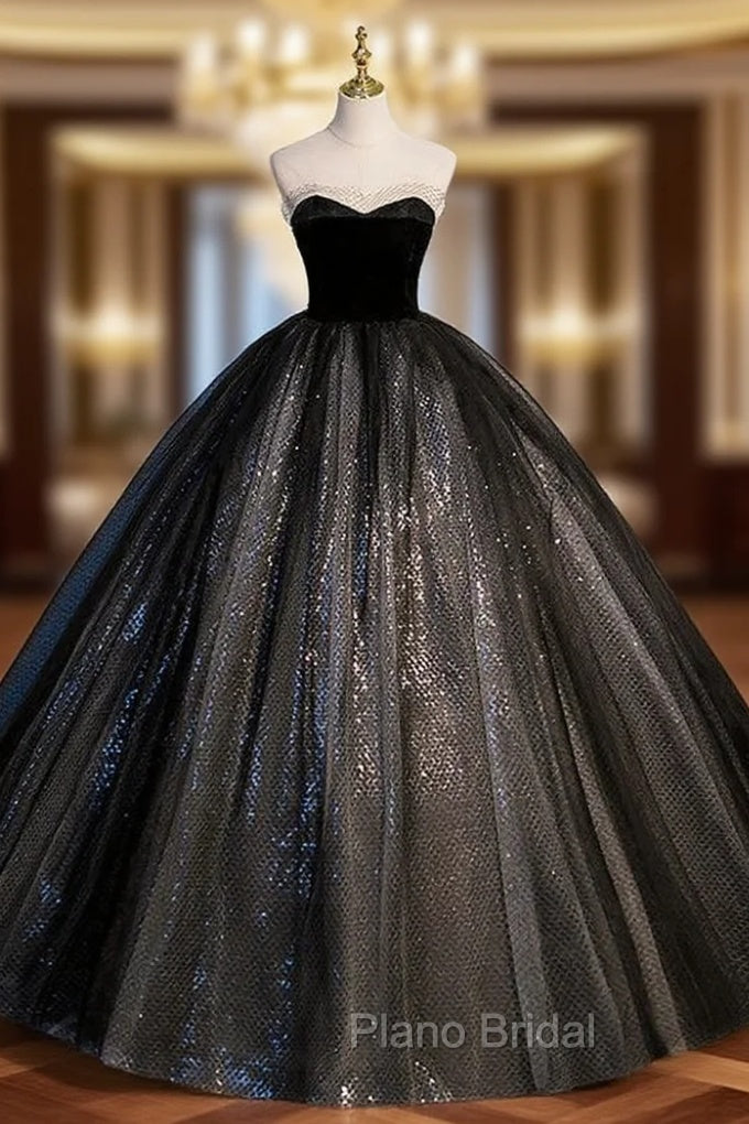 Black Tulle Sequins Sweetheart Quinceanera Dresses