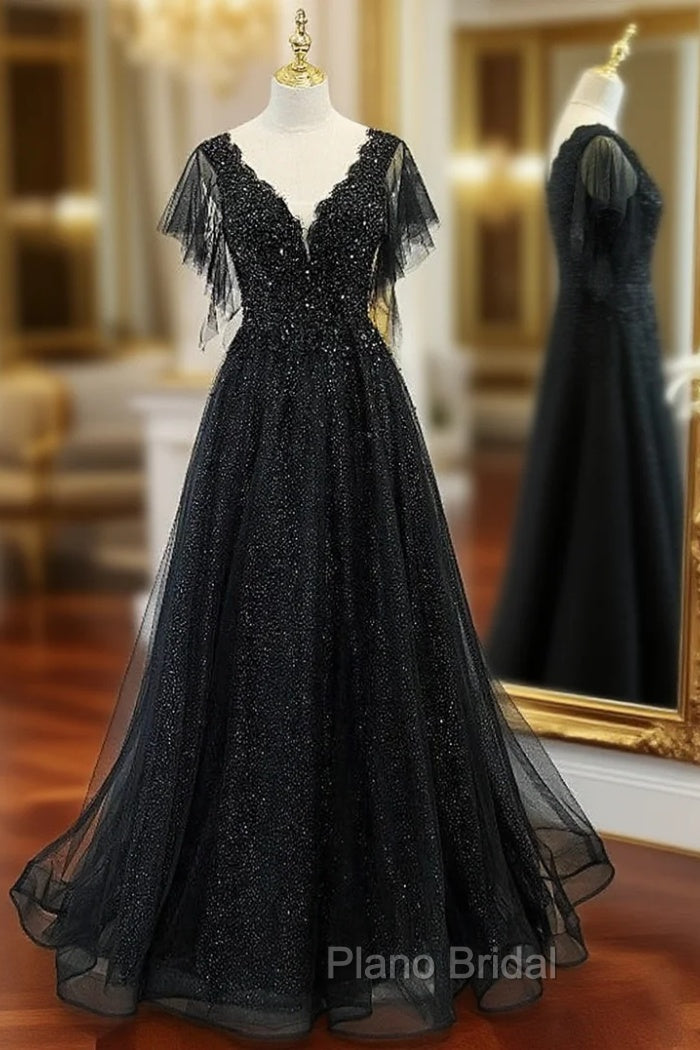 Black Tulle Sequins V-neck Beading Formal Prom Dresses