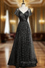 Black Tulle Sequins V-neck Formal Prom Dresses