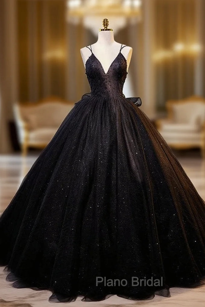 Black Tulle Sequins V-neck Quinceanera Dresses