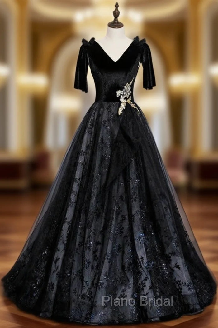 Black Tulle Sequins V-neck Short Sleeve Formal Prom Dresses