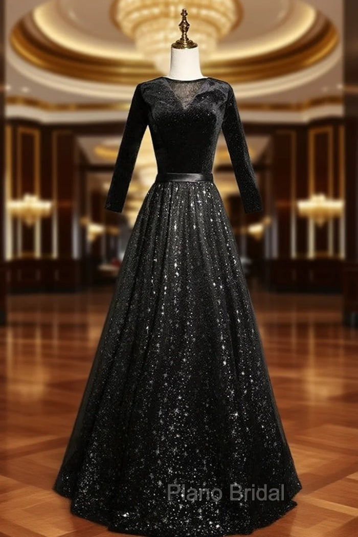 Black Tulle Sequins Velvet Short Sleeve Formal Prom Dresses Main image