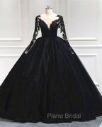Black Tulle Sheer Neck Appliques Ball Gown Dresses