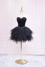 Black Tulle Short Formal Prom Dresses with Feather, A-Line Sweetheart Neckline Party Dresses