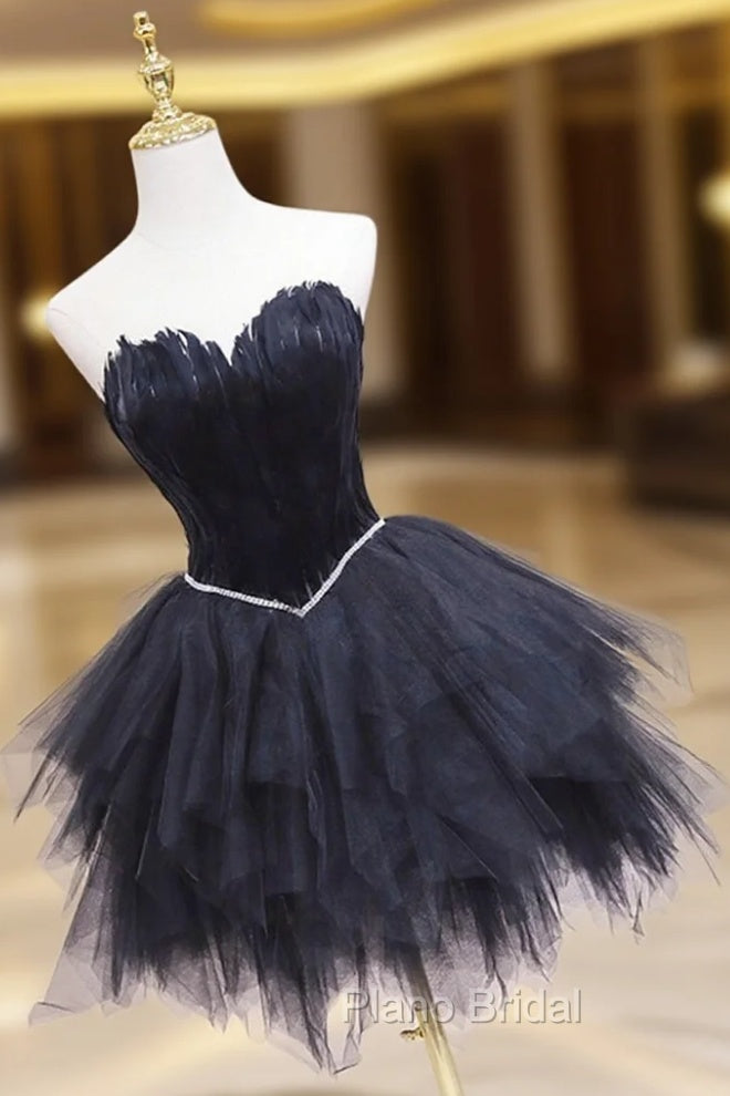 Black Tulle Short Formal Prom Dresses with Feather, A-Line Sweetheart Neckline Party Dresses Main image
