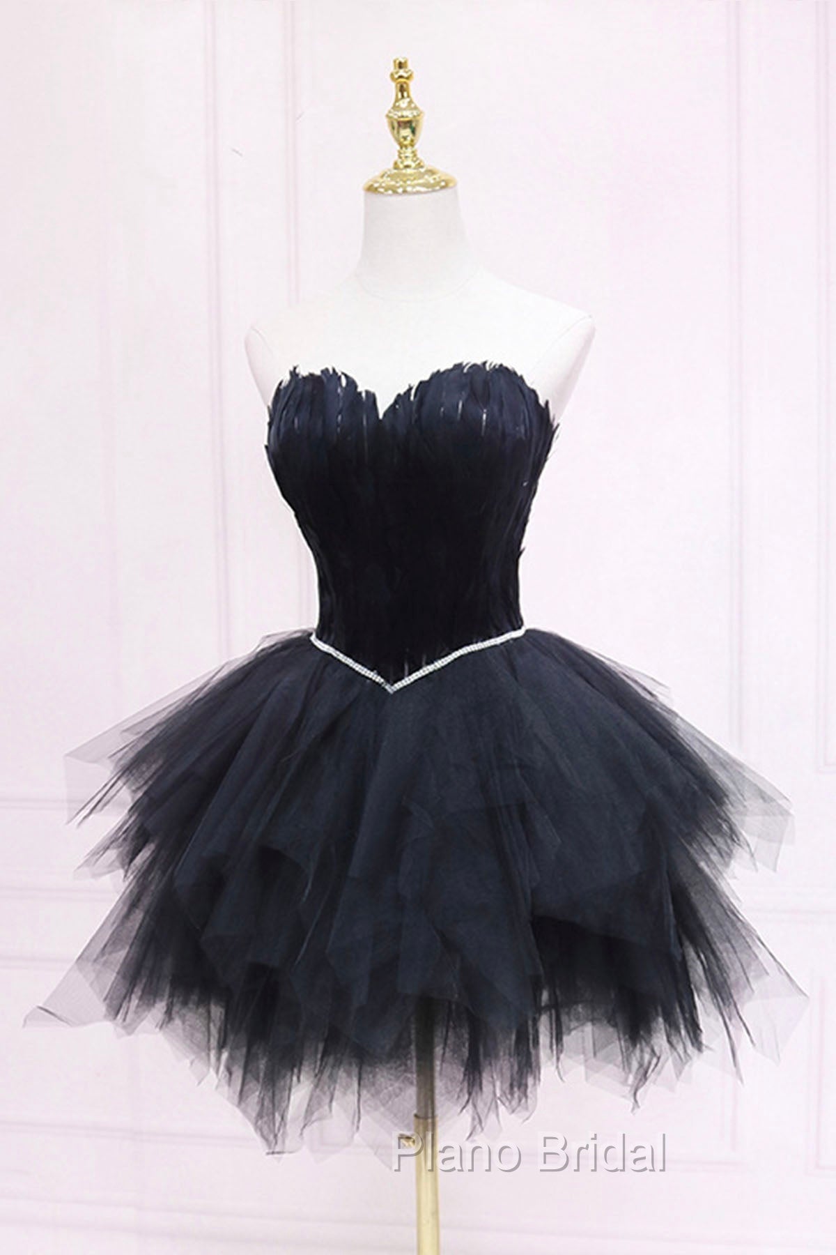 Black Tulle Short Formal Prom Dresses with Feather, A-Line Sweetheart Neckline Party Dresses