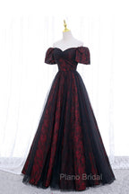 Black Tulle Short Sleeve Formal Evening Dresses, Off the Shoulder Formal Prom Dresses