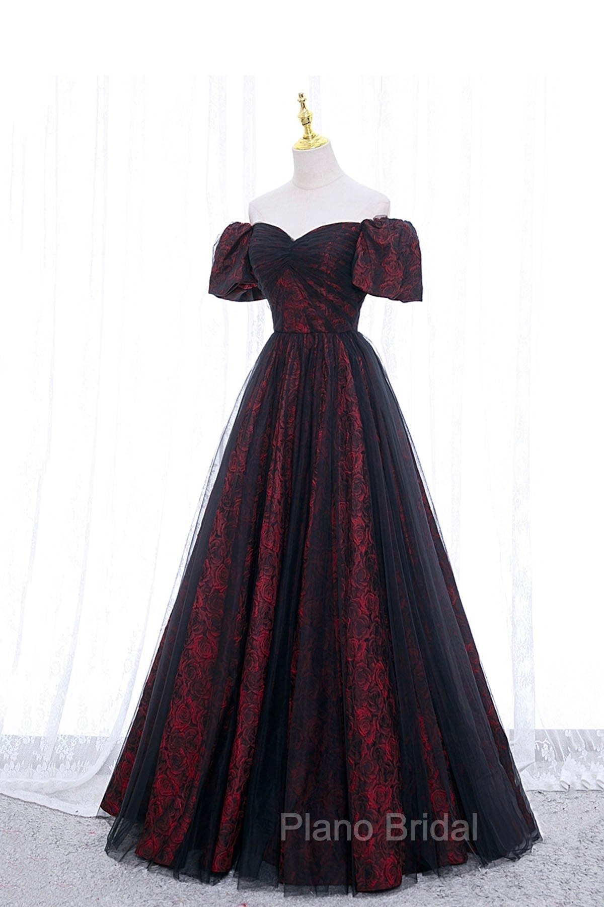 Black Tulle Short Sleeve Formal Evening Dresses, Off the Shoulder Formal Prom Dresses