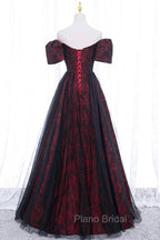 Black Tulle Short Sleeve Formal Evening Dresses, Off the Shoulder Formal Prom Dresses