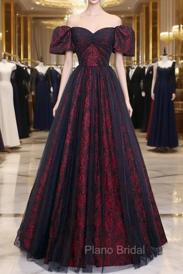 Black Tulle Short Sleeve Formal Evening Dresses, Off the Shoulder Formal Prom Dresses Main image