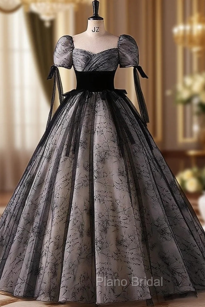 Black Tulle Short Sleeve Square Neck Quinceanera Dresses