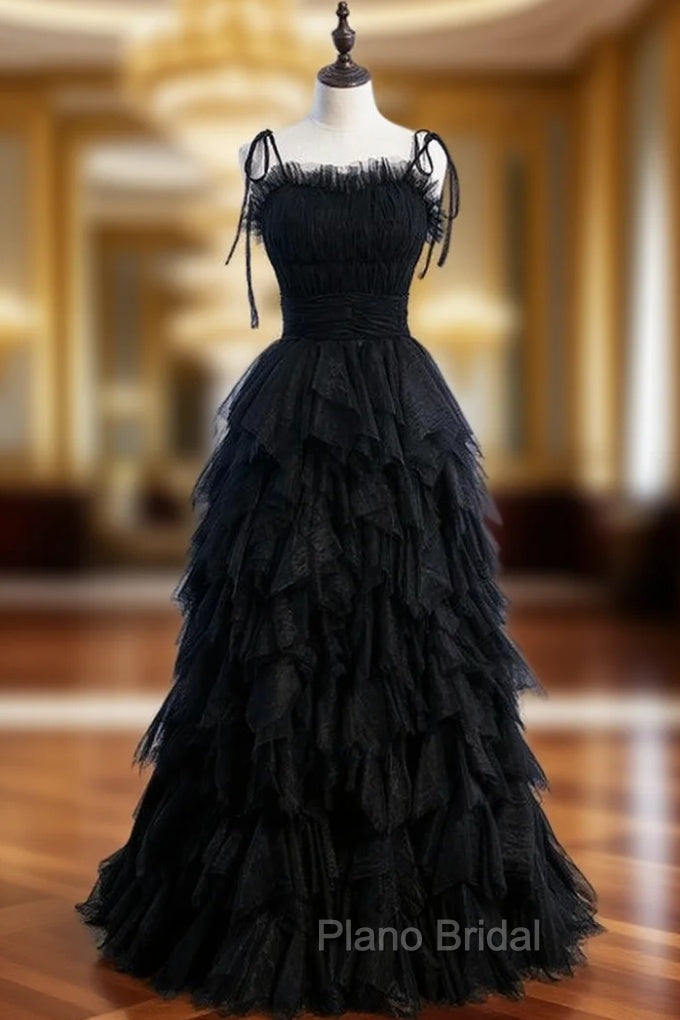 Black Tulle Spagehtti Straps Pleats Tiers Formal Prom Dresses Main image