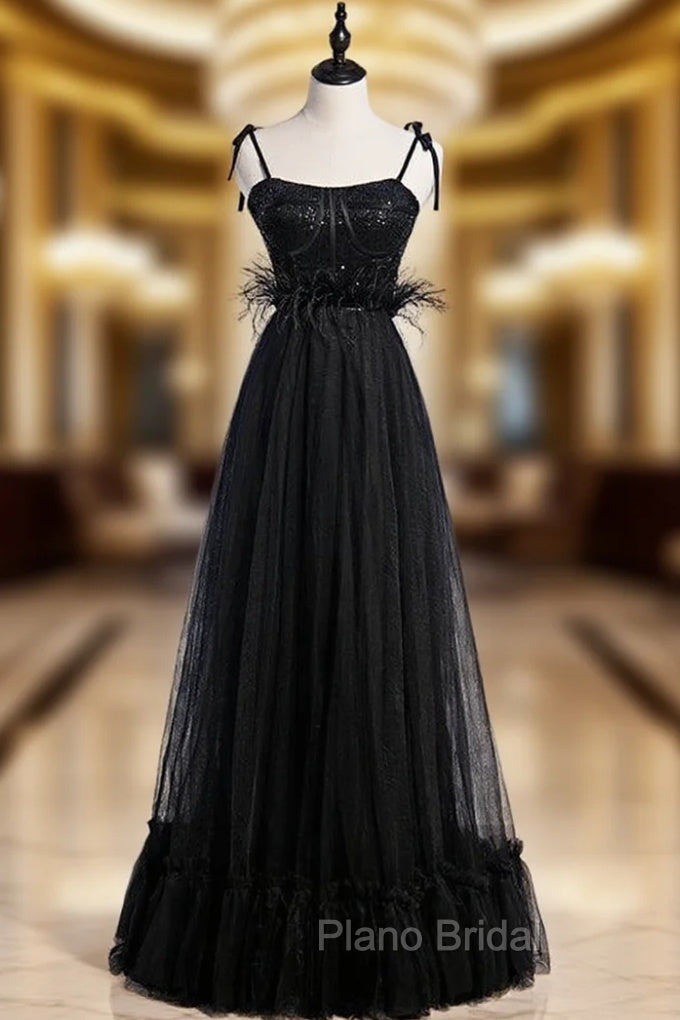 Black Tulle Spagehtti Straps Sequins Feather Formal Prom Dresses Main image